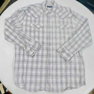 Roper Mens Plaid White Gray Western Long Sleeve Pearl Snap Button Shirt 2XL EUC
